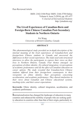 The Lived Experiences of Canadian-Born and Foreign-Born Chinese Canadian Post-Secondary Students in Northern Ontario