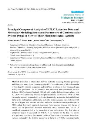 Principal Component Analysis of HPLC Retention Data and Molecular Modeling Structural Parameters of Cardiovascular System Drugs