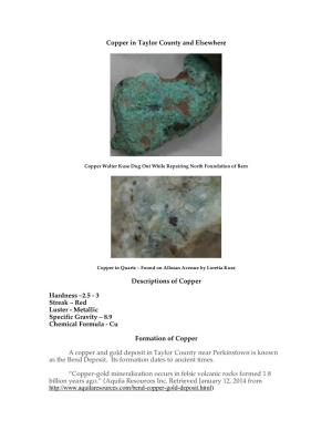 Copper in Taylor County and Elsewhere Descriptions of Copper Hardness –2.5