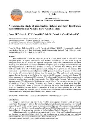 A Comparative Study of Manglicolous Lichens and Their Distribution Inside Bhitarkanika National Park (Odisha), India