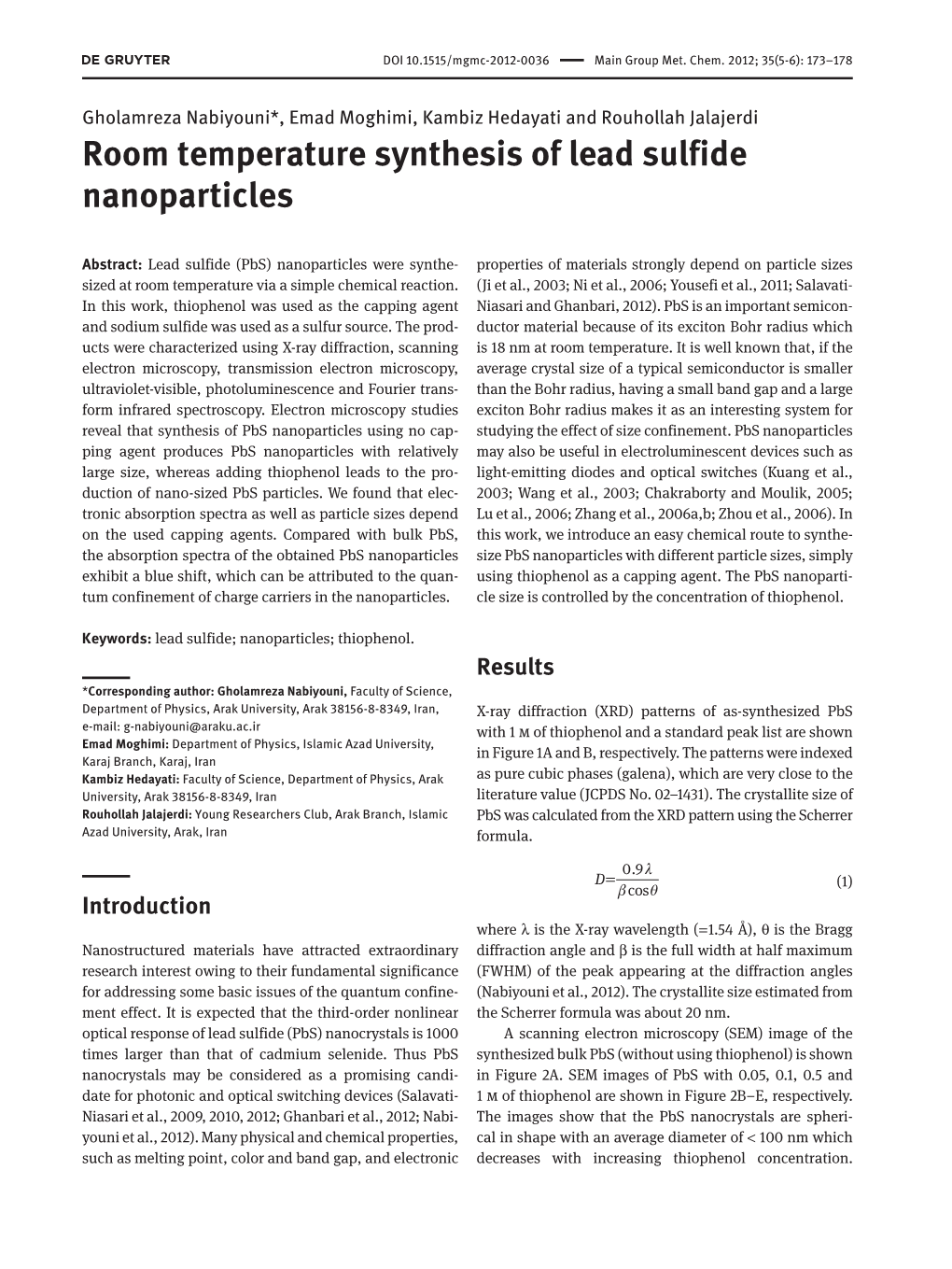 Room Temperature Synthesis of Lead Sulfide Nanoparticles