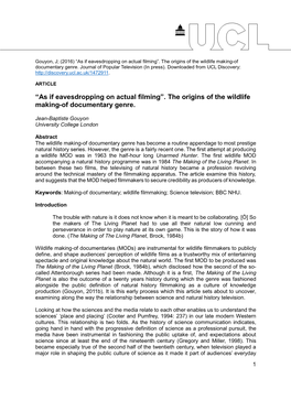 The Origins of the Wildlife Making-Of Documentary Genre. Journal of Popular Television (In Press)