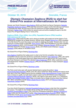 Olympic Champion Zagitova (RUS) to Start Her Grand Prix Season at Internationaux De France