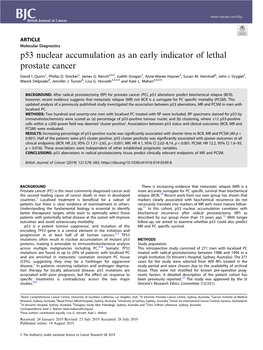 P53 Nuclear Accumulation As an Early Indicator of Lethal Prostate Cancer