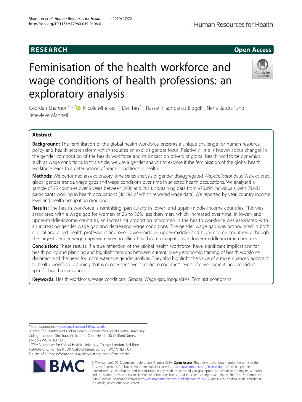 Feminisation of the Health Workforce and Wage Conditions of Health