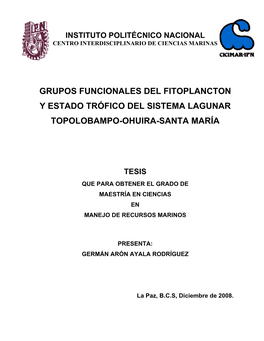 Grupos Funcionales Del Fitoplancton Y Estado Trófico Del Sistema Lagunar Topolobampo-Ohuira-Santa María