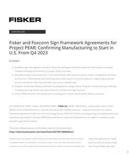 Fisker and Foxconn Sign Framework Agreements for Project PEAR; Con�Rming Manufacturing to Start in U.S