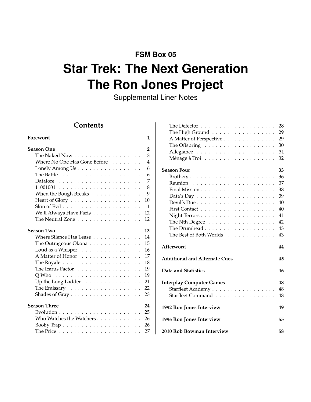 Star Trek: the Next Generation the Ron Jones Project Supplemental Liner Notes