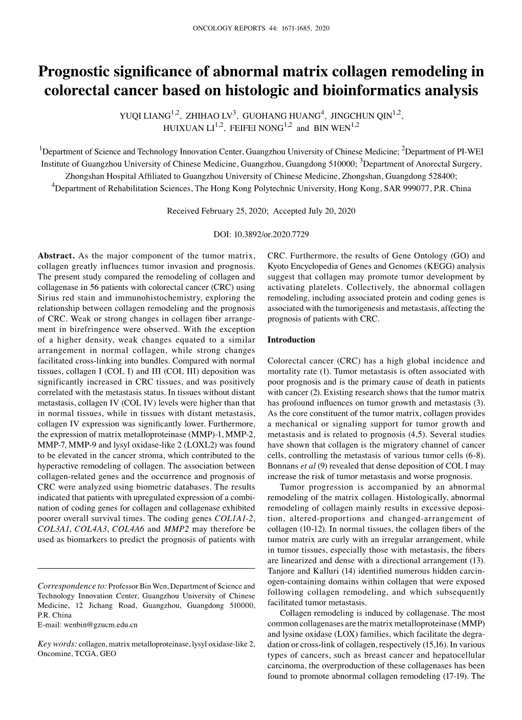 Prognostic Significance of Abnormal Matrix Collagen Remodeling in Colorectal Cancer Based on Histologic and Bioinformatics Analysis