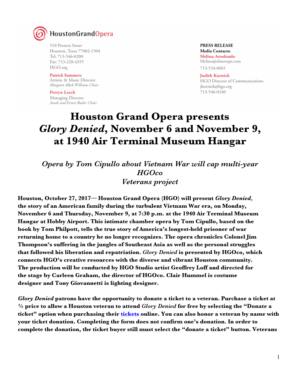 Houston Grand Opera Presents Glory Denied, November 6 and November 9, at 1940 Air Terminal Museum Hangar