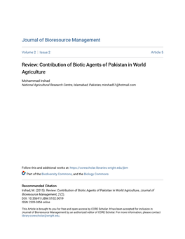 Contribution of Biotic Agents of Pakistan in World Agriculture