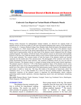 Cadaveric Case Report on Variant Heads of Plantaris Muscle. Int J Health Sci Res