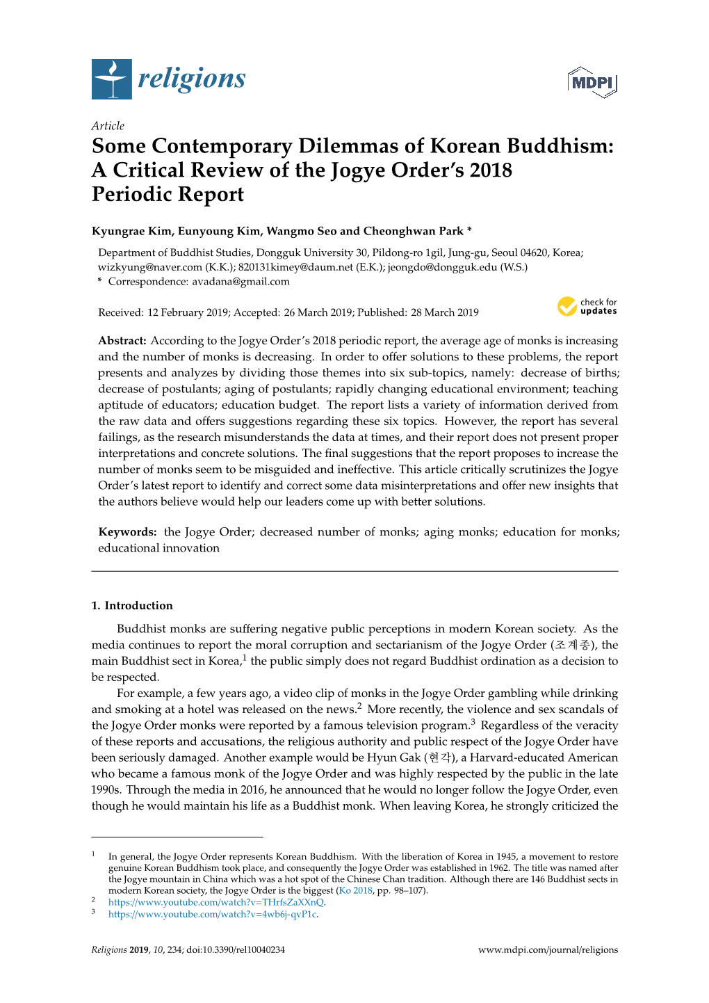 Some Contemporary Dilemmas of Korean Buddhism: a Critical Review of the Jogye Order’S 2018 Periodic Report
