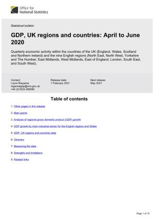 GDP, UK Regions and Countries: April to June 2020