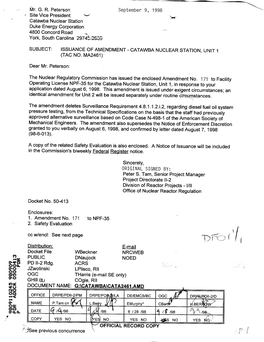 Catawba Unit 1, License Amendment 171 Deleting Surveillance