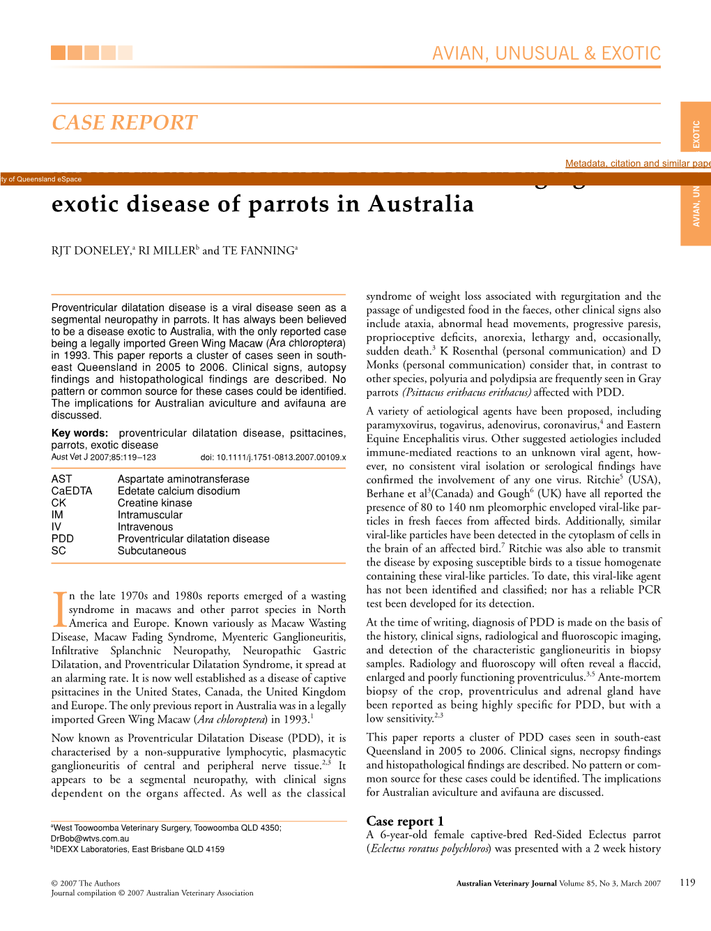 An Emerging Exotic Disease of Parrots in Australia AVIAN, UNUSUAL & EXOTIC