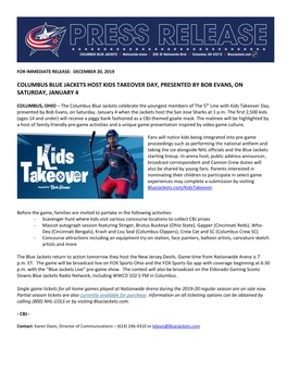 Columbus Blue Jackets Host Kids Takeover Day, Presented by Bob Evans, on Saturday, January 4
