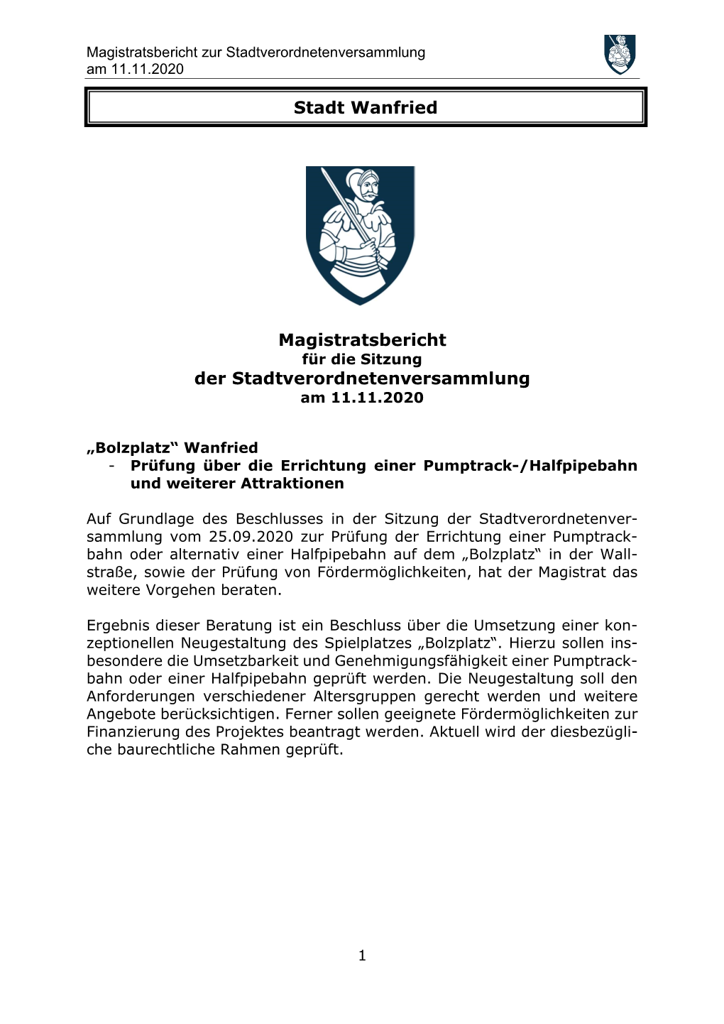 2020-11-11 Magistratsbericht Stadtverordnetenversammlung