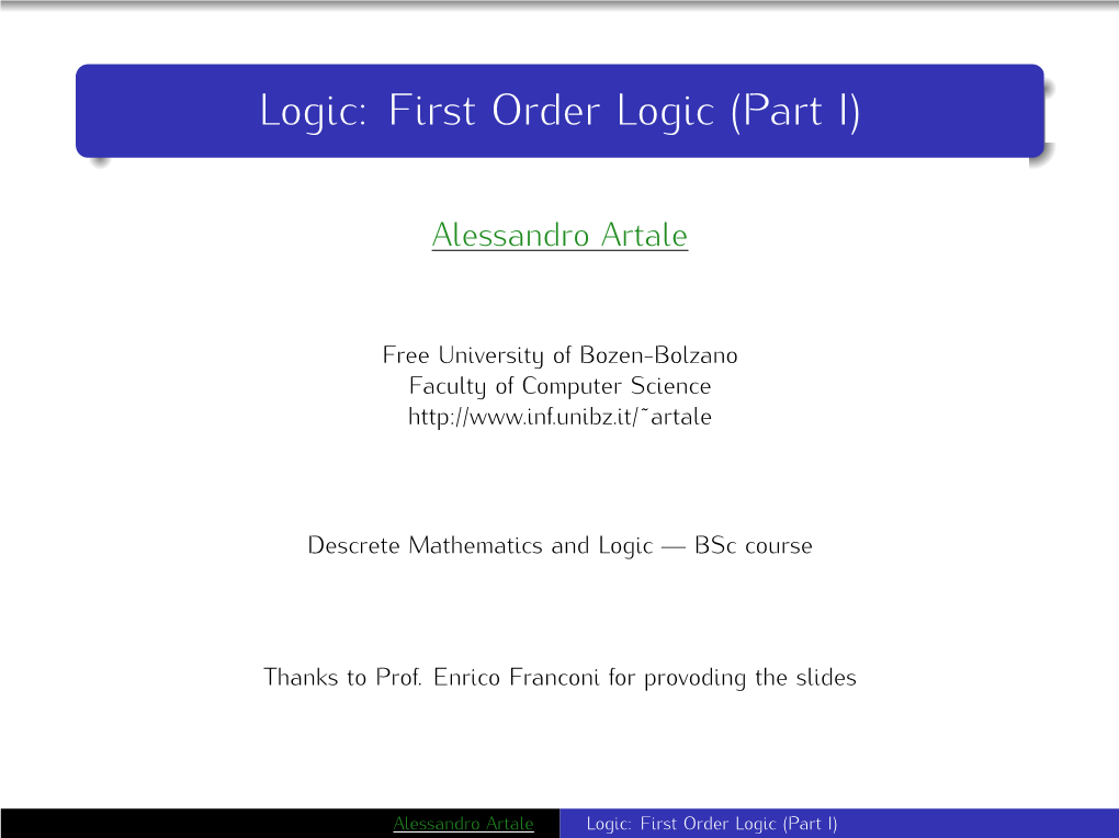 First Order Logic (Part I)