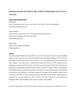 Emissions from the Taxi and For-Hire Vehicle Transportation Sector in New York City