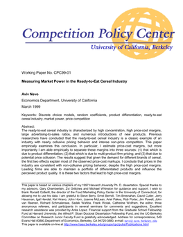 Working Paper No. CPC99-01 Measuring Market Power in The