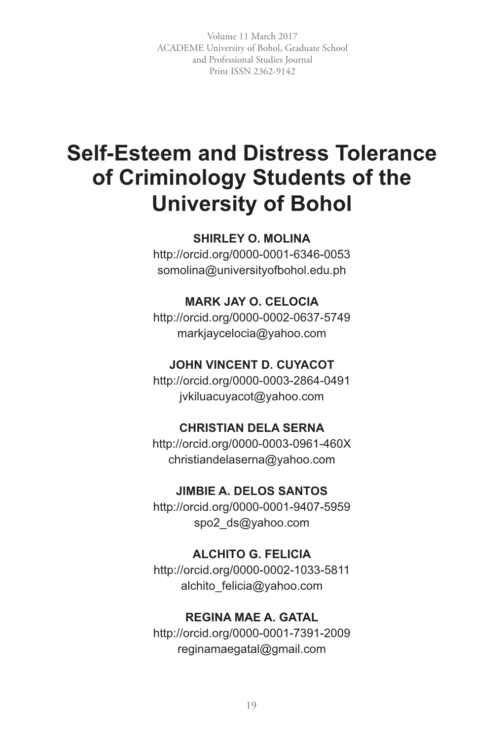 Self-Esteem and Distress Tolerance of Criminology Students of the University of Bohol