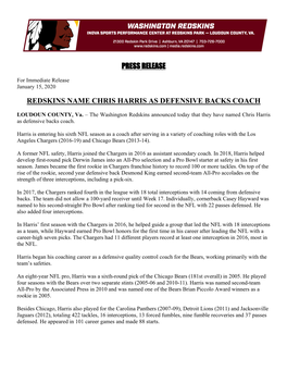 Press Release Redskins Name Chris Harris As Defensive