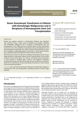 Donor Granulocyte Transfusions in Patients with Hematologic Malignancies and in Recipients of Hematopoietic Stem Cell Transplantation
