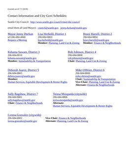 Contact Information and City Govt Schedules