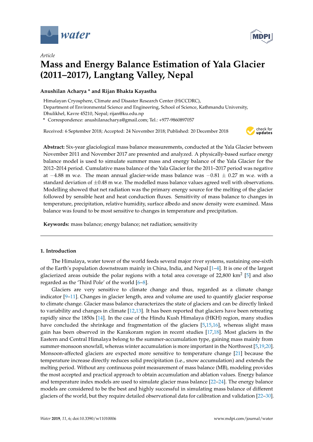 Mass and Energy Balance Estimation of Yala Glacier (2011–2017), Langtang Valley, Nepal