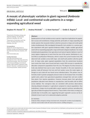 A Mosaic of Phenotypic Variation in Giant Ragweed (Ambrosia Trifida): Local-­ and Continental-­Scale Patterns in a Range-­ Expanding Agricultural Weed
