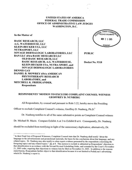 Respondents' Motion to Exclude Complaint Counsel Witness Geoffrey D. Nunberg