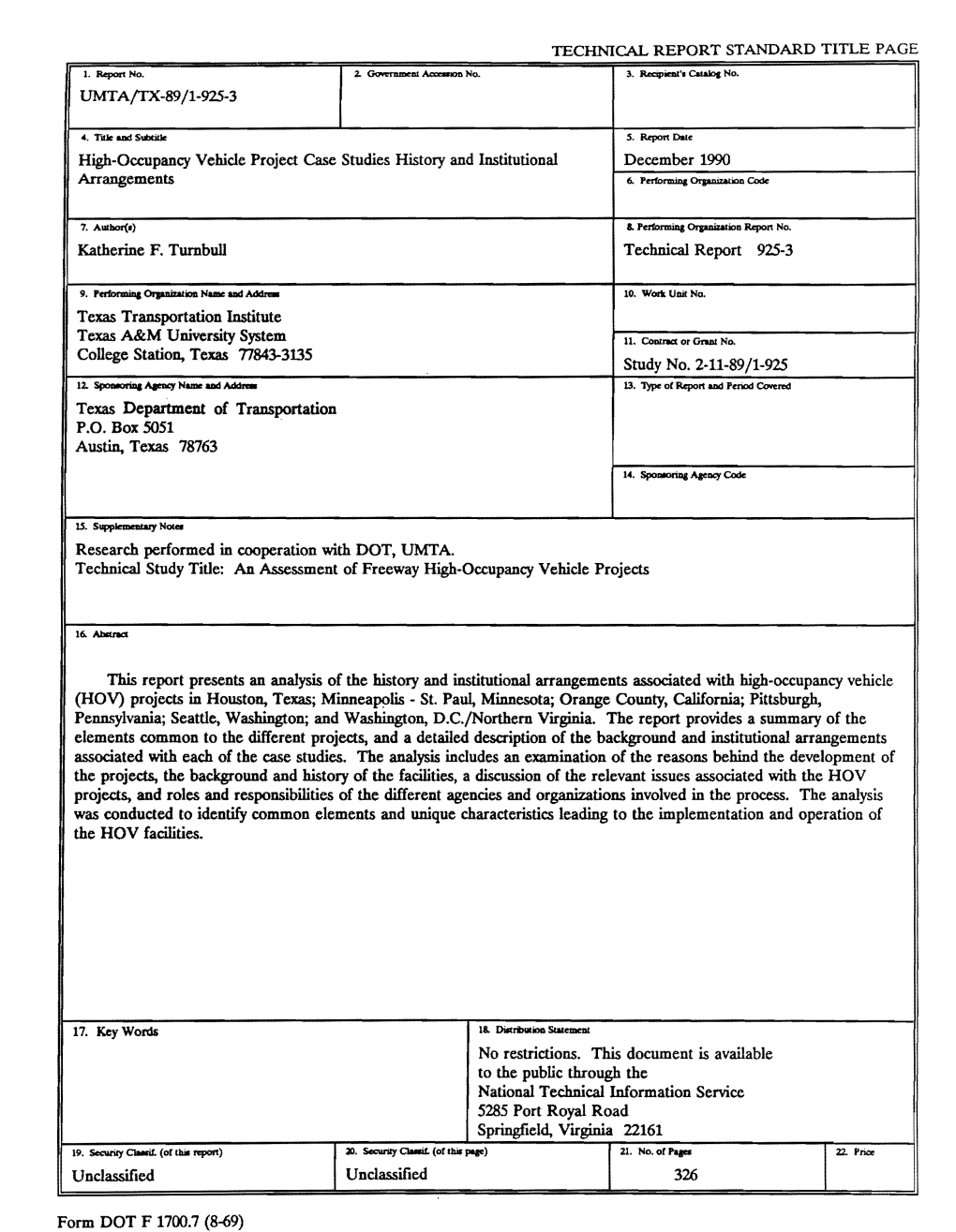 High-Occupancy Vehicle Project Case Studies History and Institutional December 1990 Arrangements