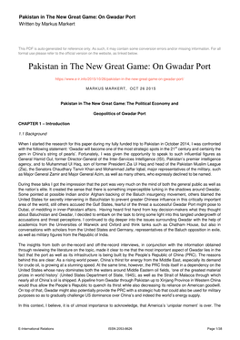 Pakistan in the New Great Game: on Gwadar Port Written by Markus Markert