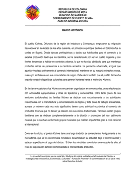 Republica De Colombia Departamento De Meta Municipio De Mapiripan Corregimiento De Puerto Elvira Cabildo Indígena Kichwa ______