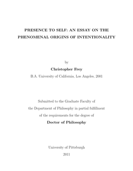 Presence to Self: an Essay on the Phenomenal Origins of Intentionality