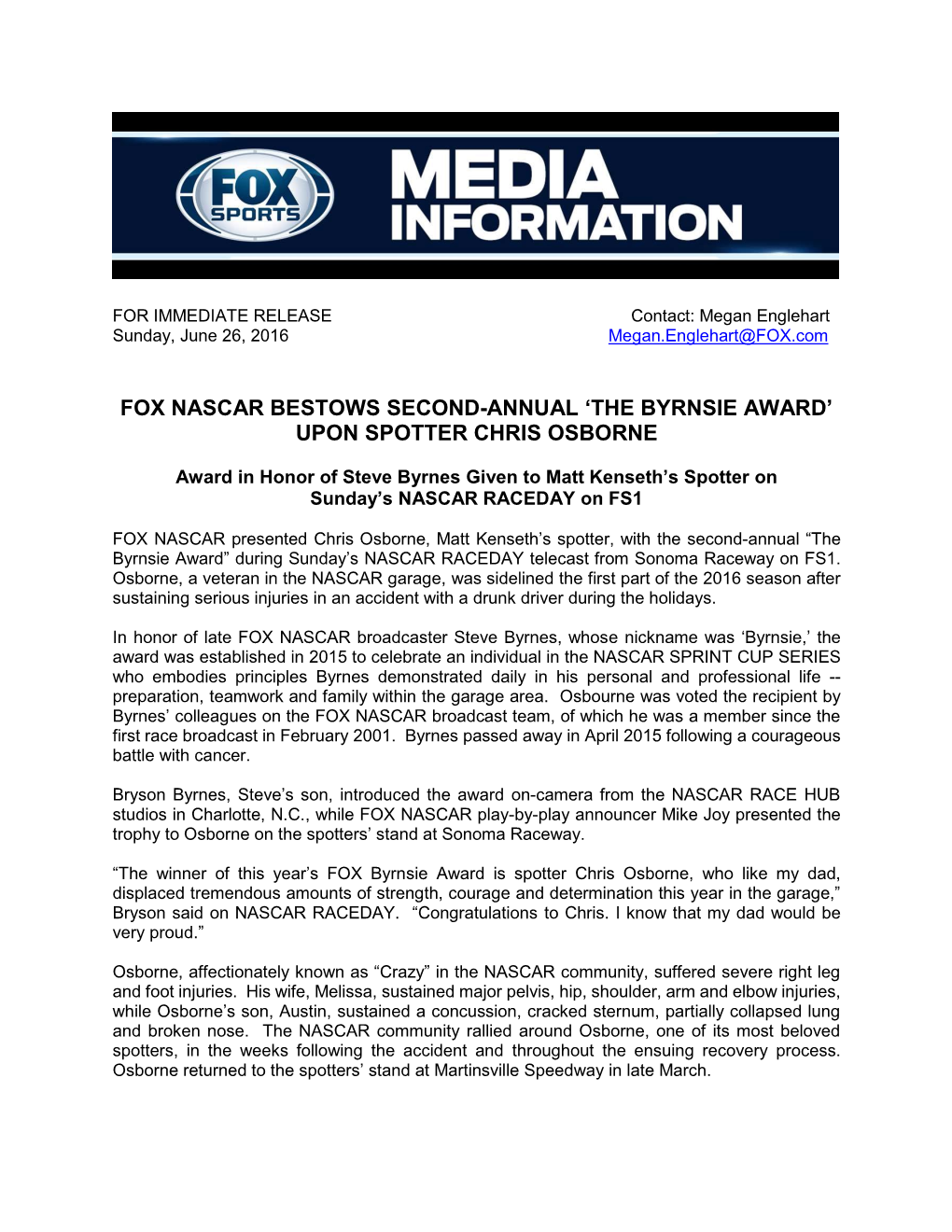 Fox Nascar Bestows Second-Annual 'The Byrnsie