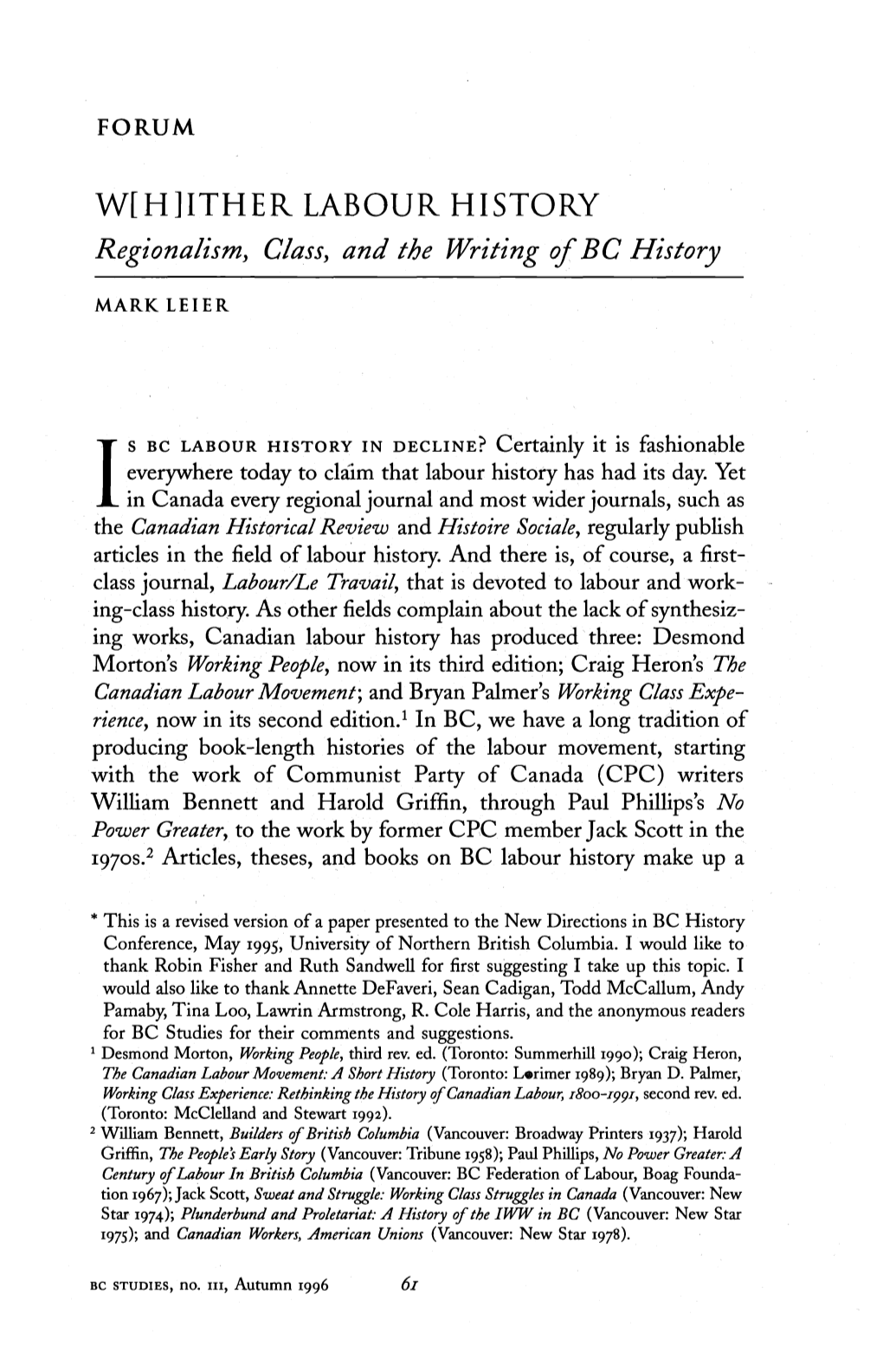 ITHER LABOUR HISTORY Regionalism, Class, and the Writing of BC History