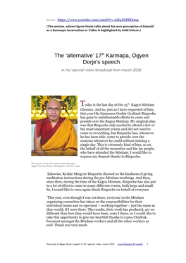 The 'Alternative' 17Th Karmapa, Ogyen Dorje's Speech