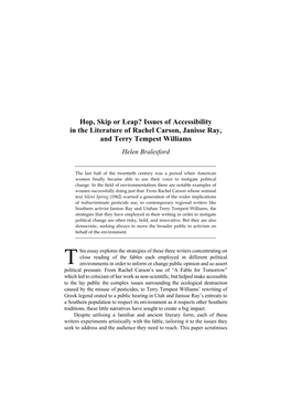 Issues of Accessibility in the Literature of Rachel Carson, Janisse Ray, and Terry Tempest Williams Helen Bralesford