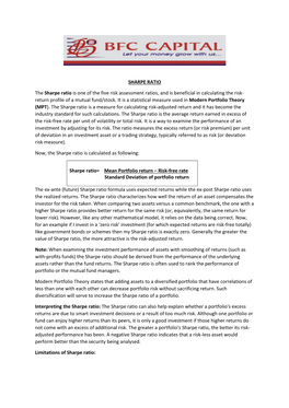 SHARPE RATIO the Sharpe Ratio Is One of the Five Risk