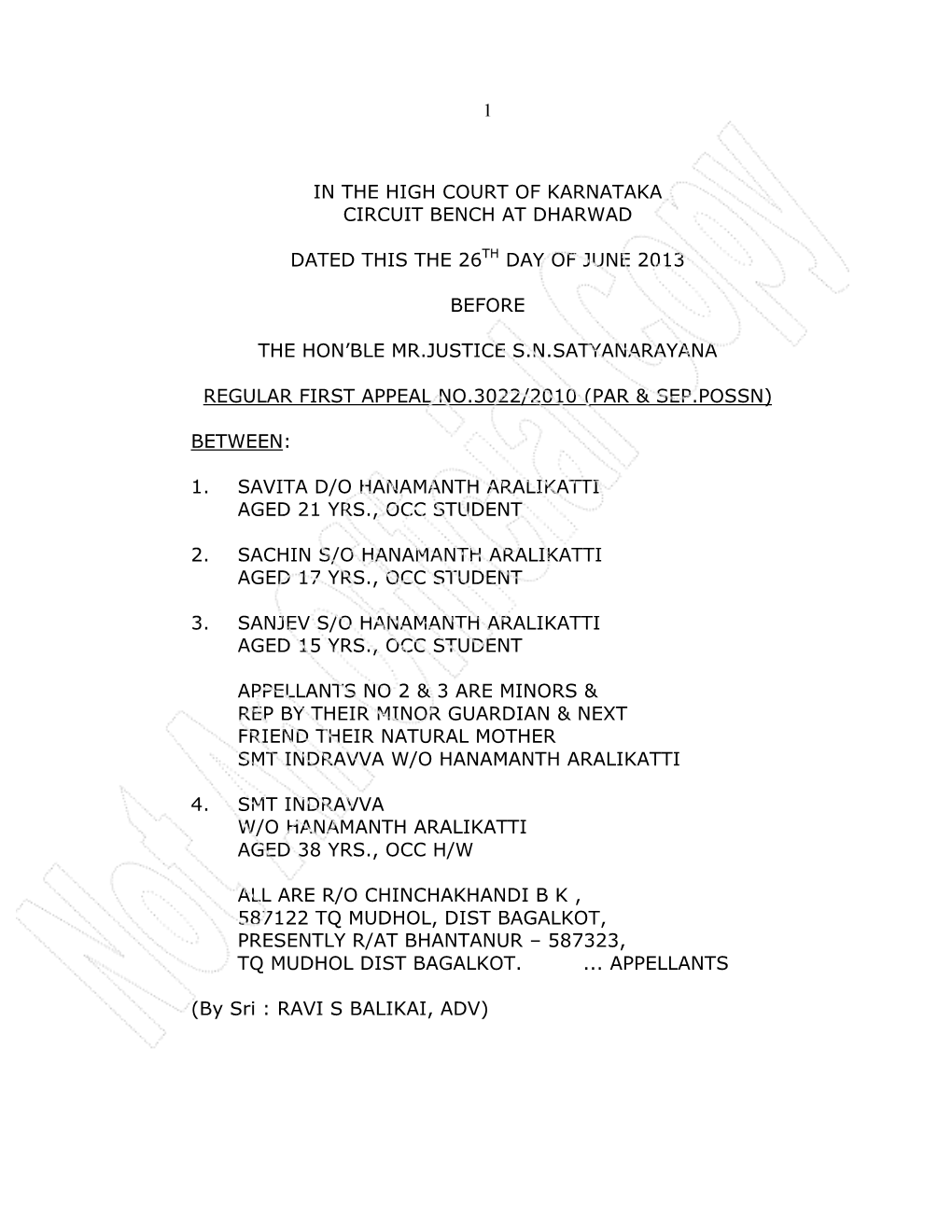 1 in the High Court of Karnataka Circuit Bench At