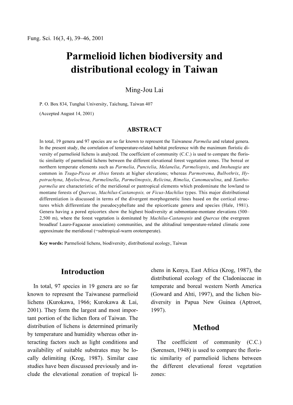 Parmelioid Lichen Biodiversity and Distributional Ecology in Taiwan