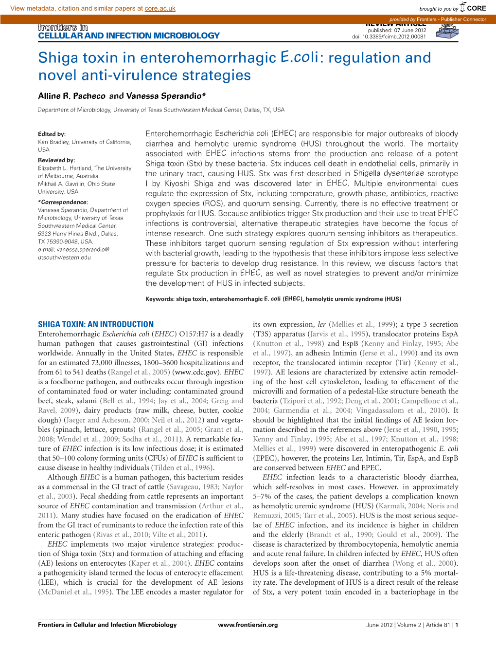 Shiga Toxin in Enterohemorrhagic E.Coli: Regulation and Novel Anti-Virulence Strategies