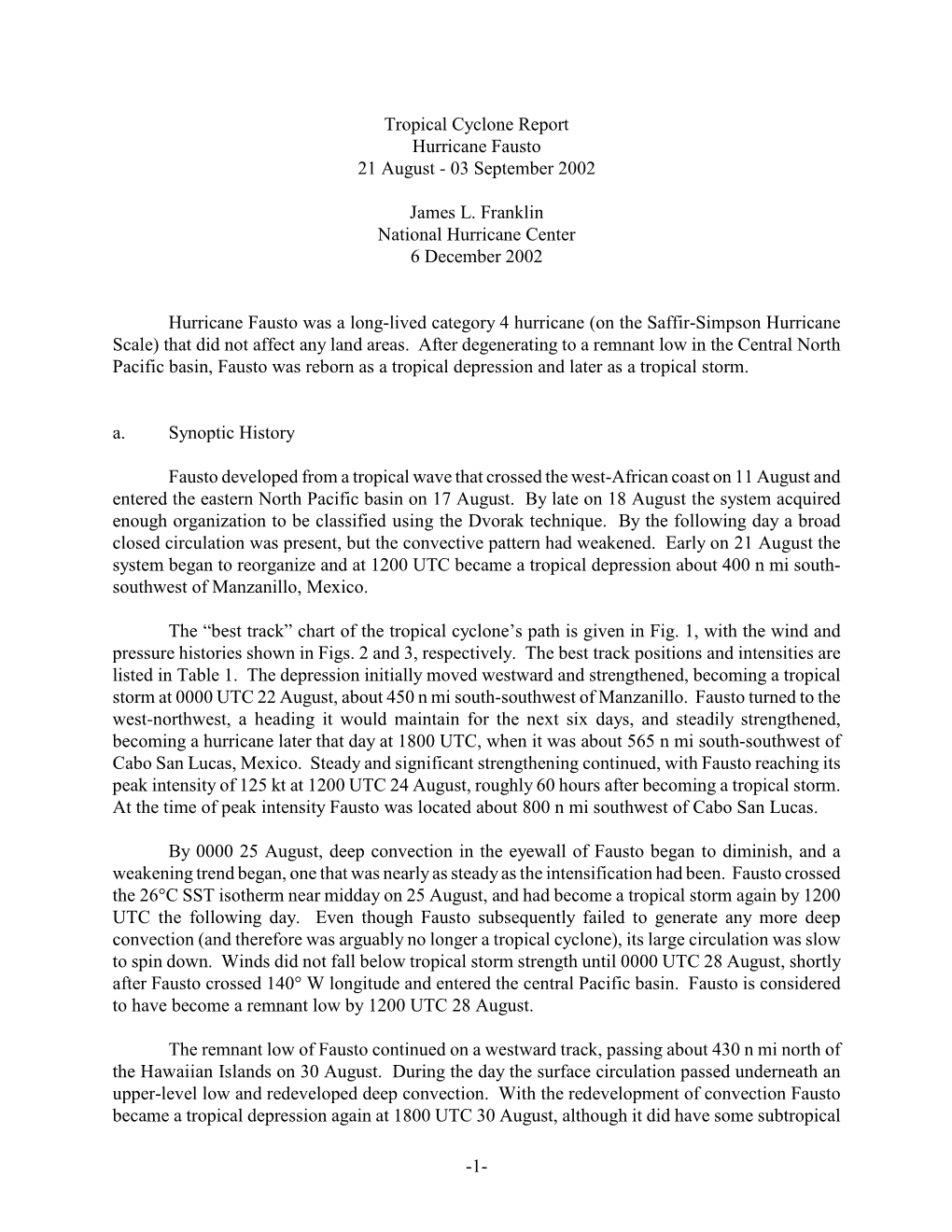 Tropical Cyclone Report Hurricane Fausto 21 August - 03 September 2002