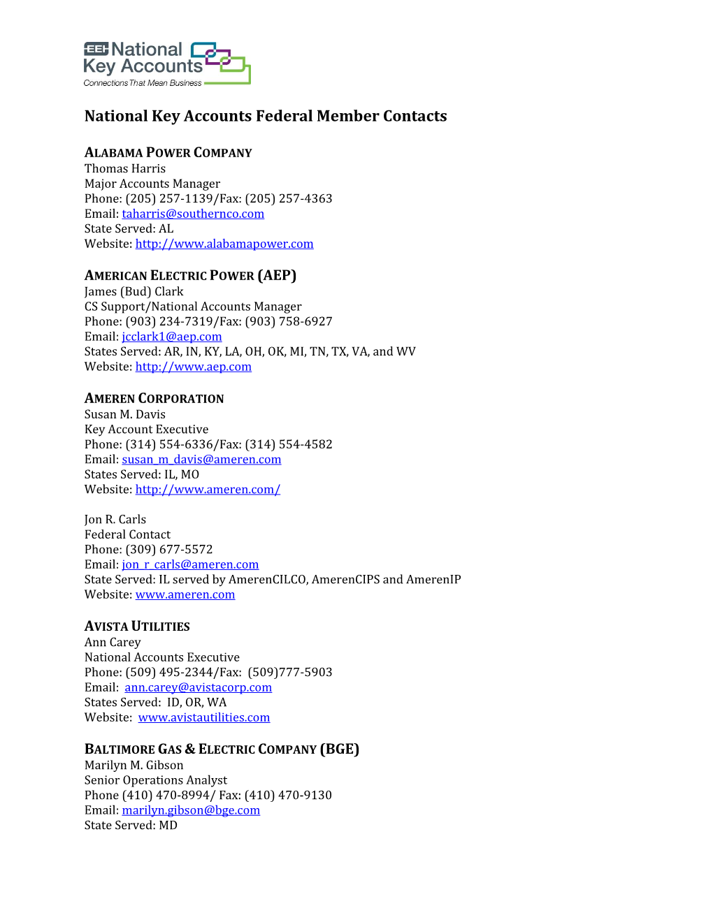 National Key Accounts Federal Member Contacts