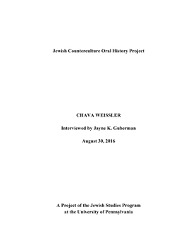 Jewish Counterculture Oral History Project CHAVA WEISSLER