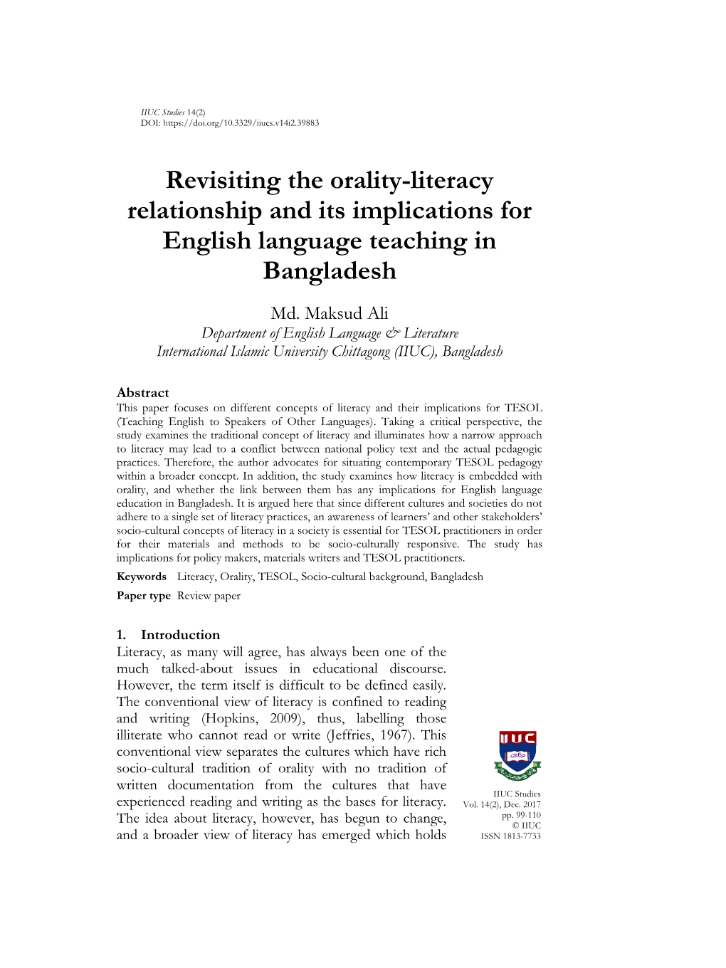 Revisiting the Orality-Literacy Relationship and Its Implications for English Language Teaching in Bangladesh