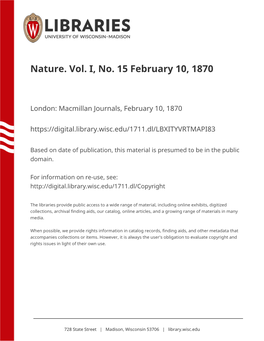 Nature. Vol. I, No. 15 February 10, 1870