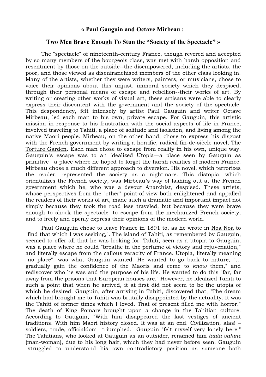 Paul Gauguin and Octave Mirbeau : Two Men Brave Enough to Stun the “Society of the Spectacle” »